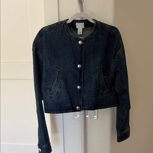 H&M Dark Blue cropped oversized Denim Jacket with Contrast Stitching